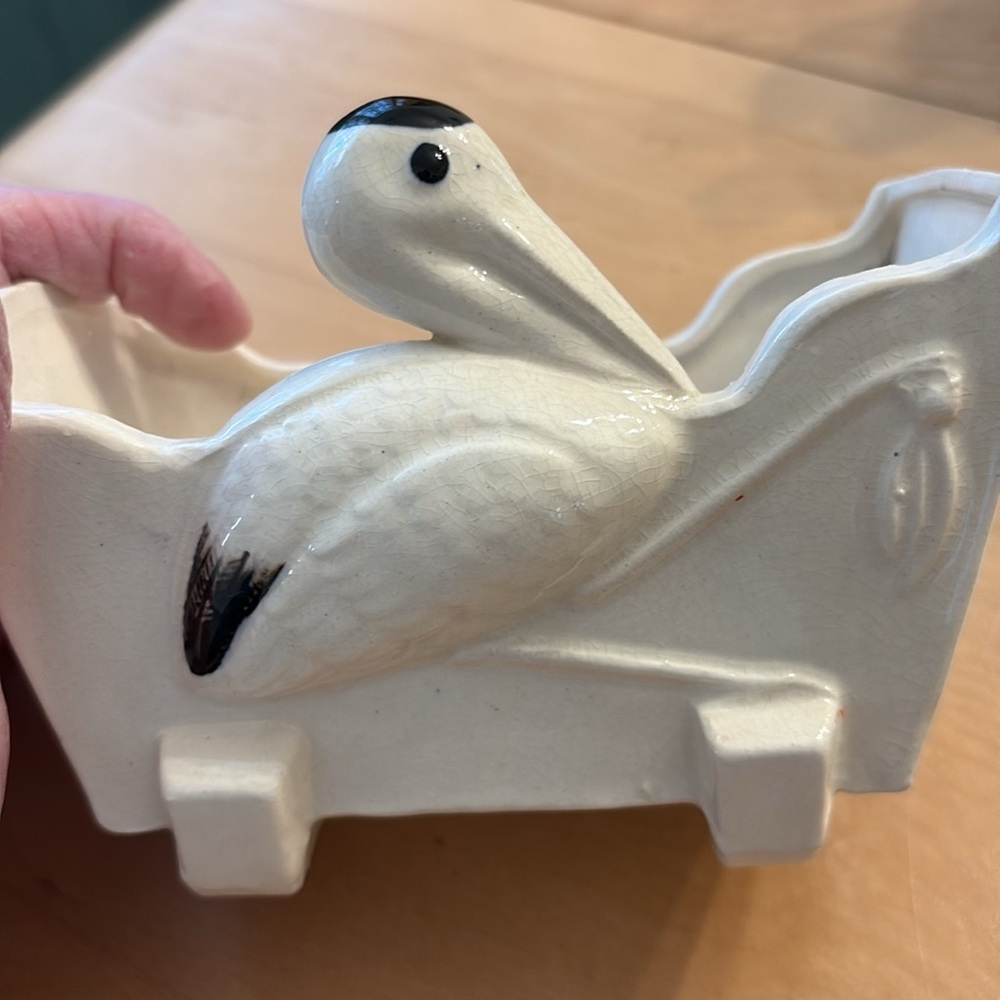 Vintage Stork Themed Ceramic Footed Planter. Made in Japan. - Picture 3 of 7